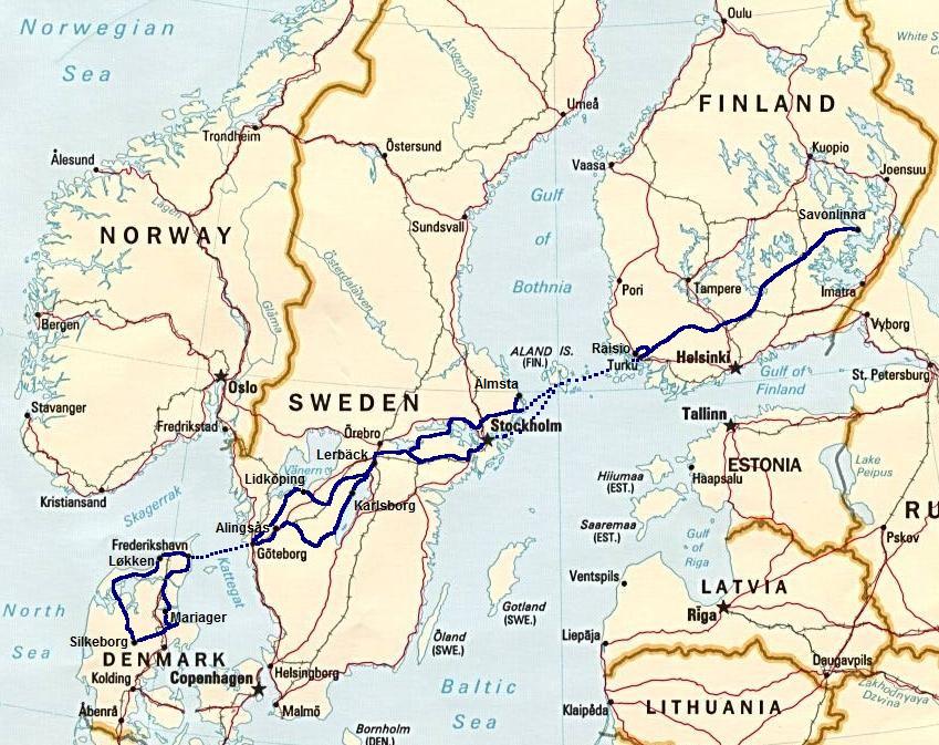 Vuoden 1996 reissun kartta. Tarkemmat reittikartat lytyvt kunkin pivn kohdalta.