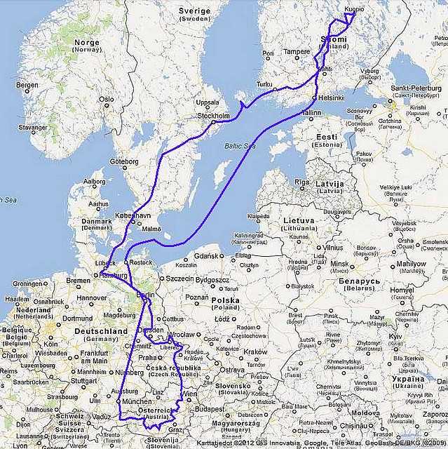 Vuoden 2011 reissun kartta. Tarkemmat reittikartat lytyvt kunkin pivn kohdalta.