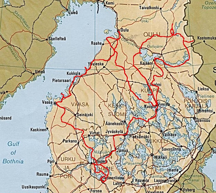 Vuoden 2014 reissun kartta. Tarkemmat reittikartat lytyvt kunkin pivn kohdalta.